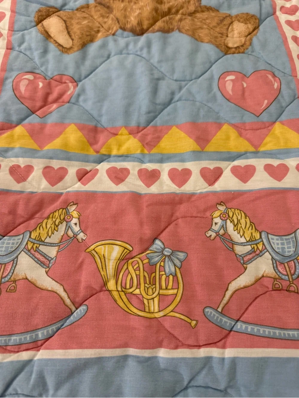Stitched Teddy Bear Baby Quilt Blanket W/ Rocking Horses & Hearts - Vintage